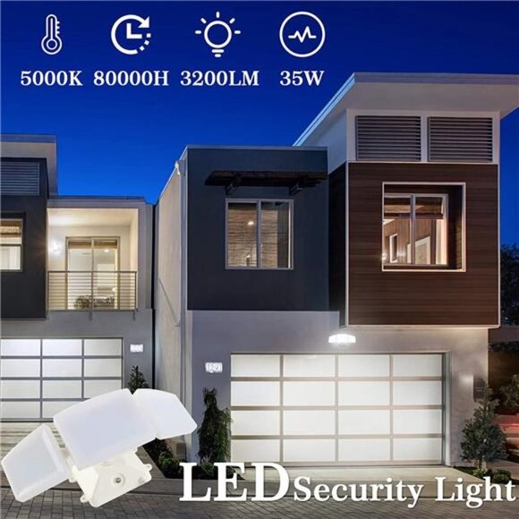 LED Security Lights, 3 Head Plug in Flood Lights, 35W 5000K Daylight, 3200LM - Picture 4 of 7